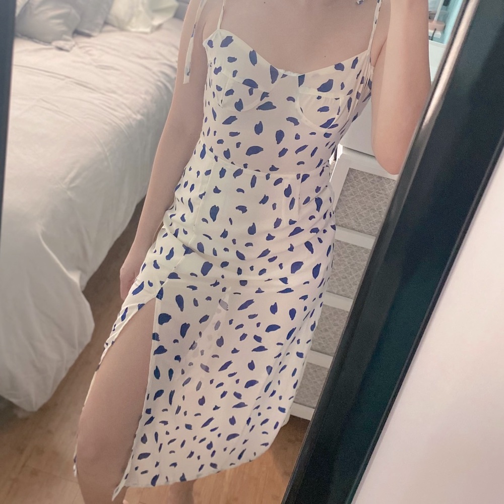 White Midi Slip Dress with Blue Spot Print